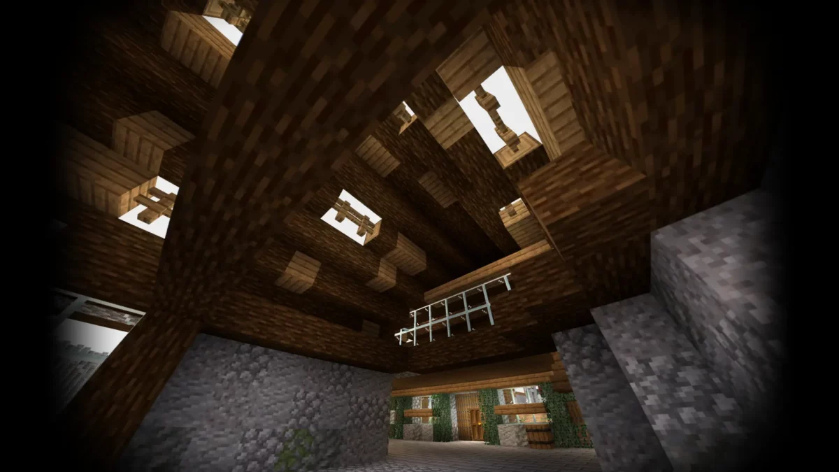 Vue intérieure en bois dans Minecraft avec gestion automatique de l’exposition lumineuse par le shader Body Camera.