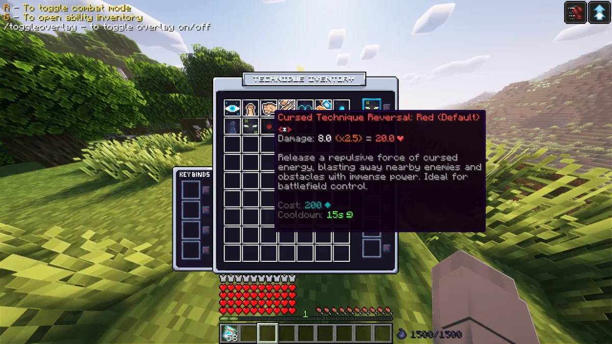 Inventaire des compétences dans le mod ProjectJJK pour Minecraft, avec la technique Cursed Technique Reversal: Red mise en surbrillance.