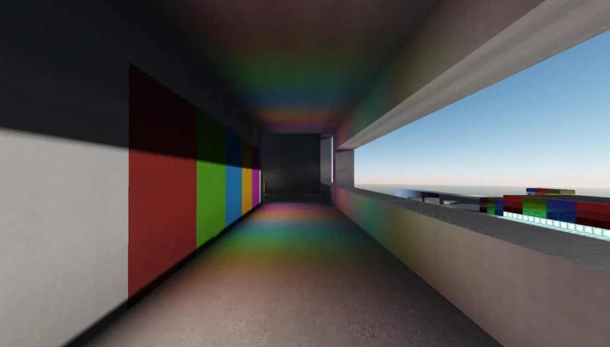 Couloir dans Minecraft montrant la diffusion colorée de la lumière indirecte simulée avec le shader Arc.