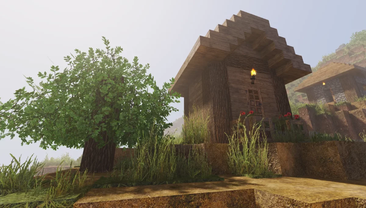 Maison en bois dans Minecraft éclairée par une lumière douce du matin, avec textures détaillées et ombres réalistes grâce au shader Arc.