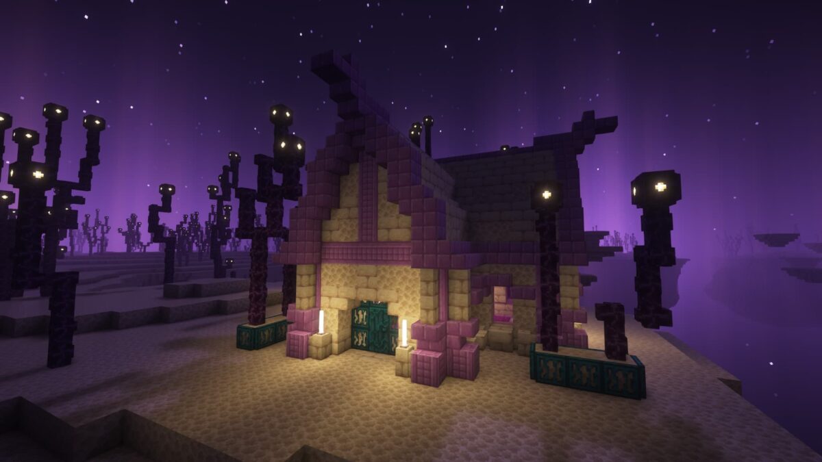 Petite maison en blocs de pierre de l’End, générée par le mod Medieval Buildings dans un biome stérile de l’End.