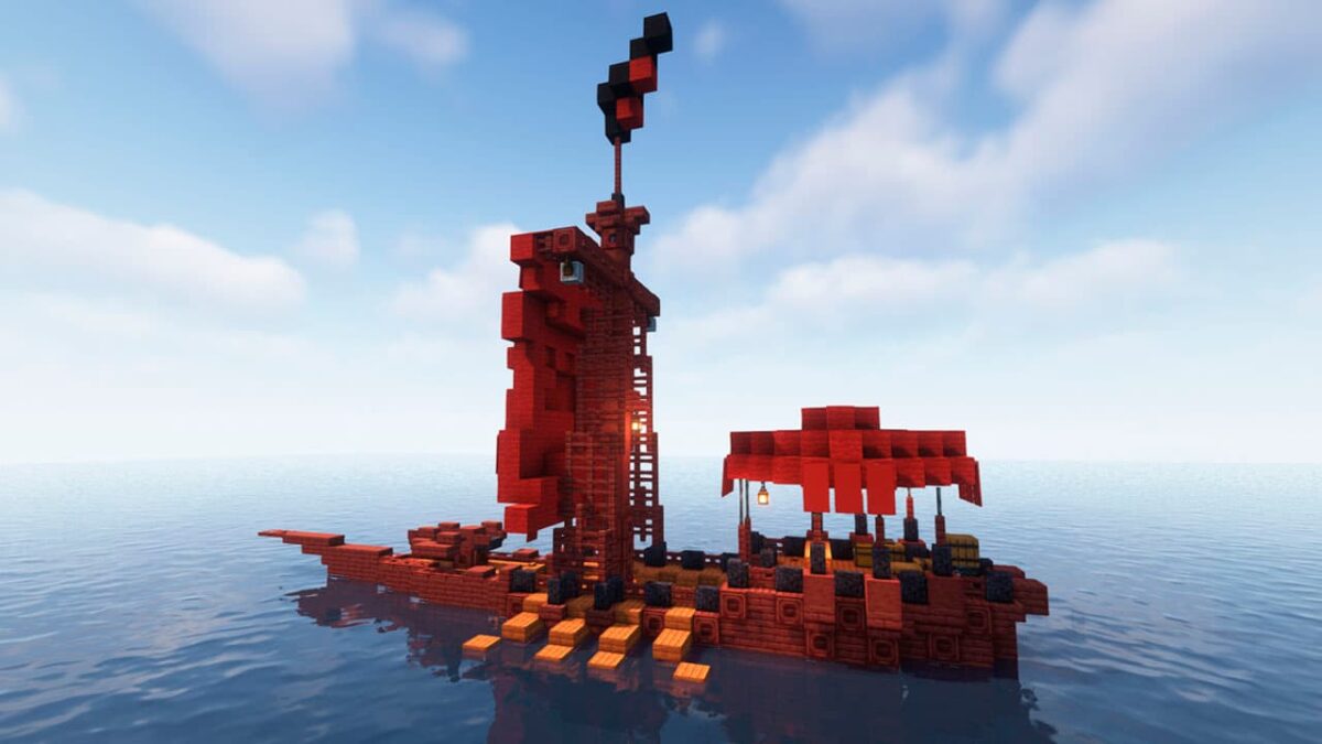 Navire marchand rouge apparu avec le mod Medieval Buildings dans Minecraft, flottant sur l’océan avec voiles et cargaison visibles.