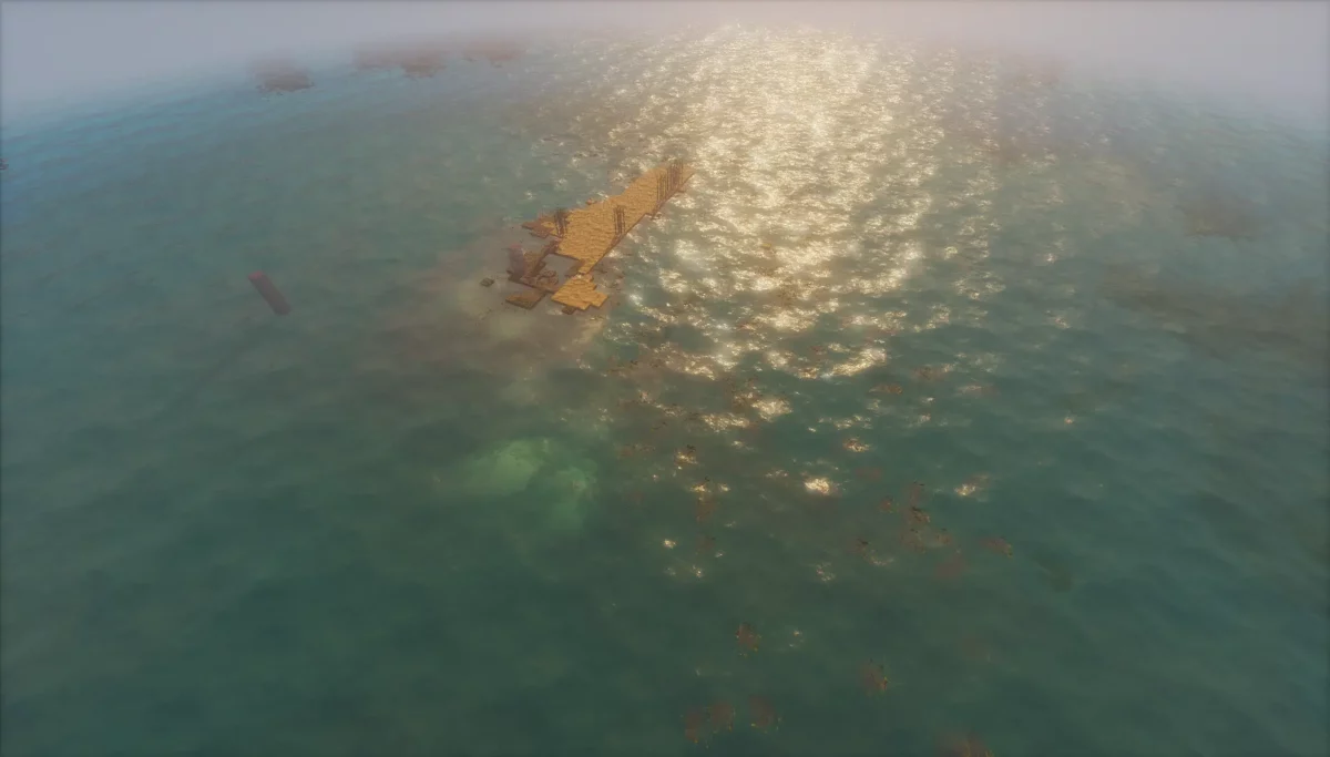 Océan dans Minecraft éclairé par un coucher de soleil réaliste avec reflets dynamiques générés par le shader Arc.