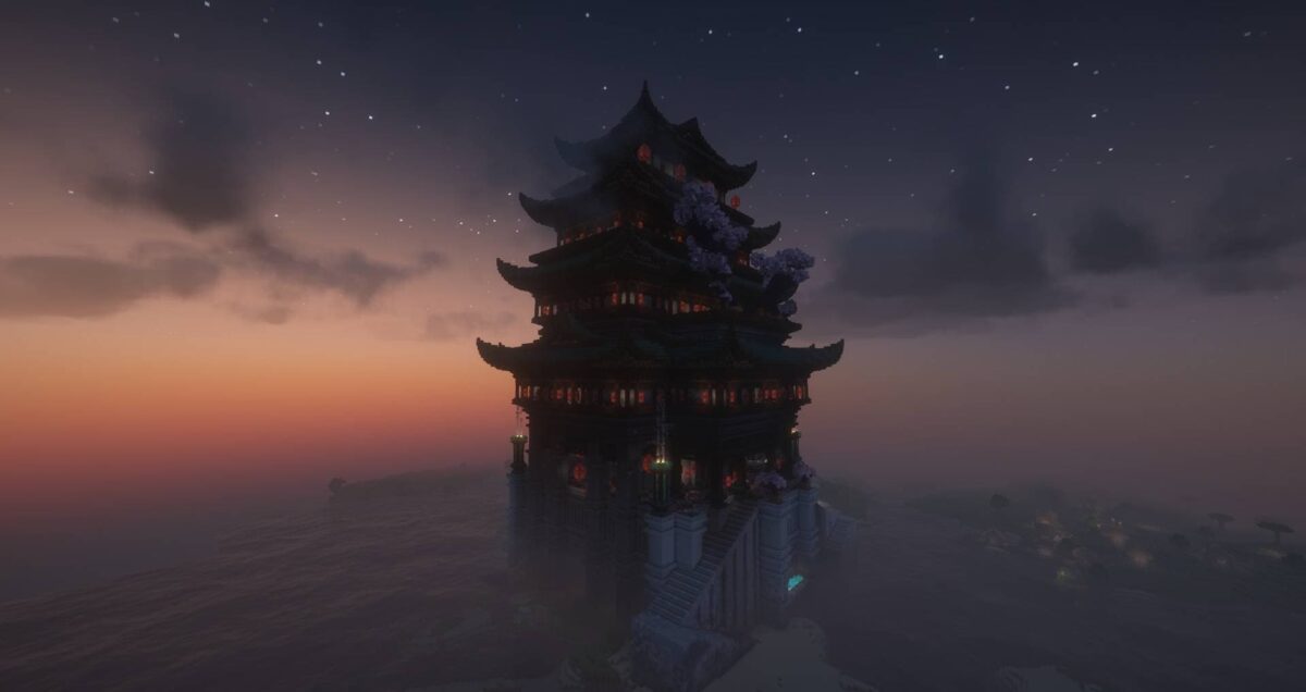 Grande pagode éclairée au crépuscule dans Minecraft, bâtiment inspiré de l’architecture asiatique, structure du mod When Dungeons Arise.