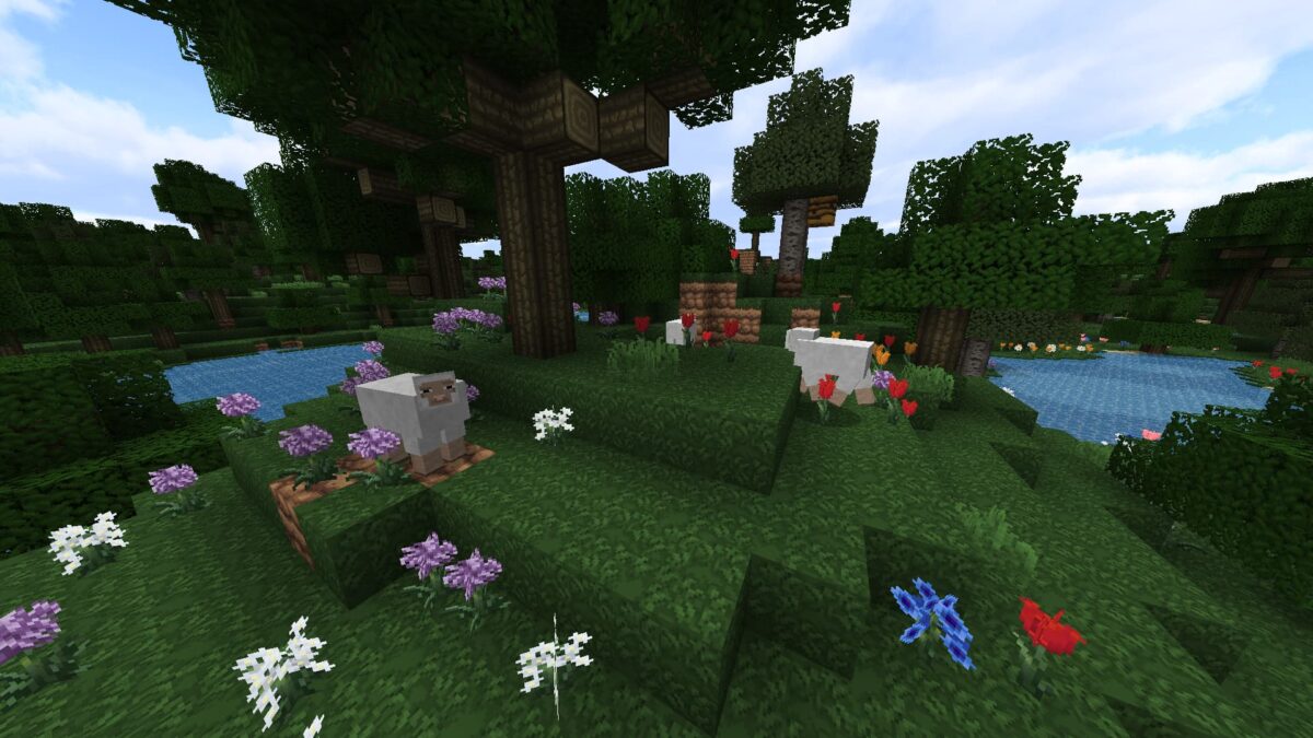Prairie verdoyante remplie de fleurs colorées avec des moutons, des ruches et un étang, rendus avec les textures du pack Gerudoku Faithful pour Minecraft.