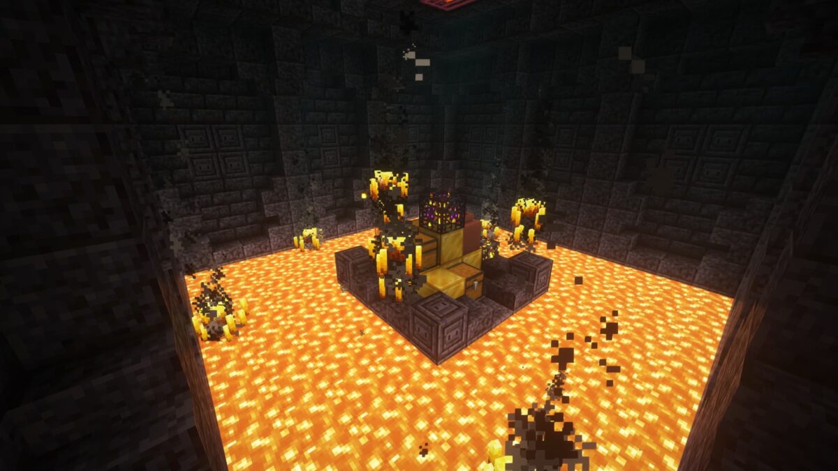 Pièce centrale de la forteresse avec spawner à blazes et coffres, ajoutée par le mod Medieval Buildings dans le Nether.