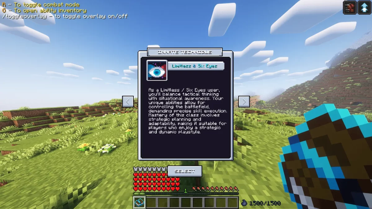 Écran de sélection des techniques dans le mod ProjectJJK pour Minecraft, avec la technique Limitless & Six Eyes inspirée de Jujutsu Kaisen.