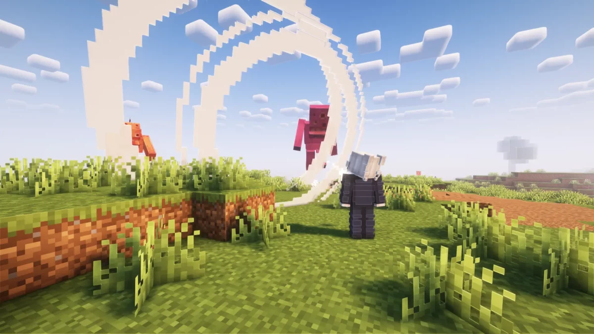 Combat dans le mod ProjectJJK avec l’utilisation de la technique Cursed Speech contre un esprit maudit en plein jour.