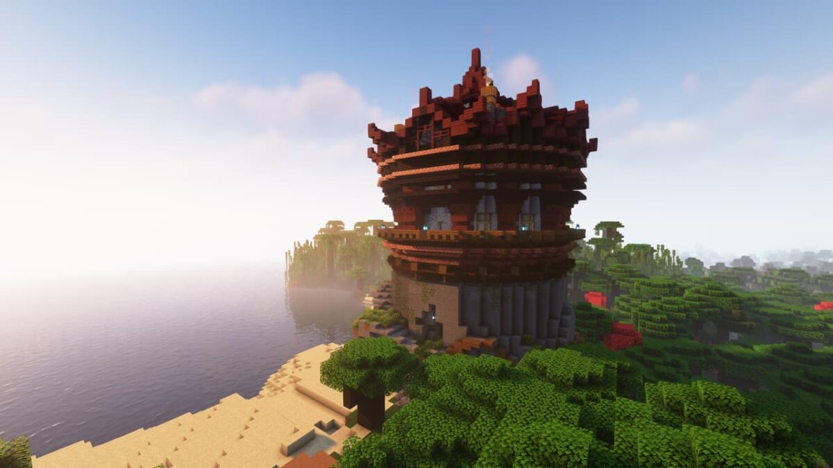 Grande tour circulaire en bois sombre et toits rouges en bord de mer, structure du mod When Dungeons Arise dans Minecraft.