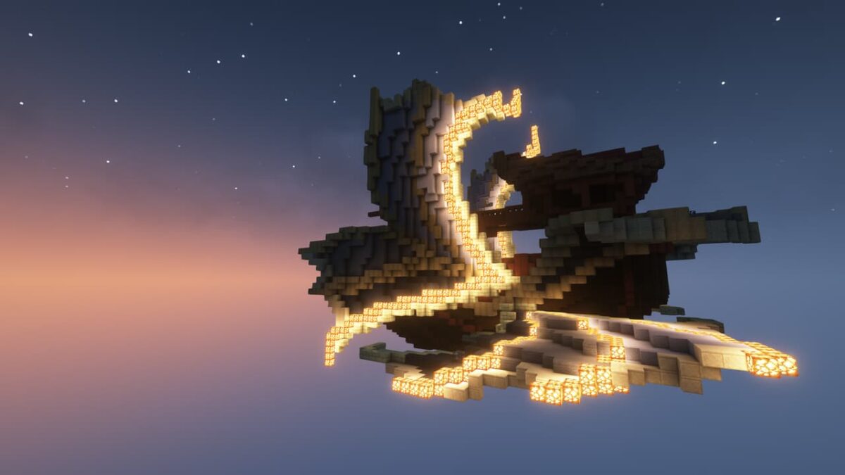 Vaisseau aérien lumineux avec voiles déployées, suspendu dans le ciel au crépuscule, structure du mod When Dungeons Arise.