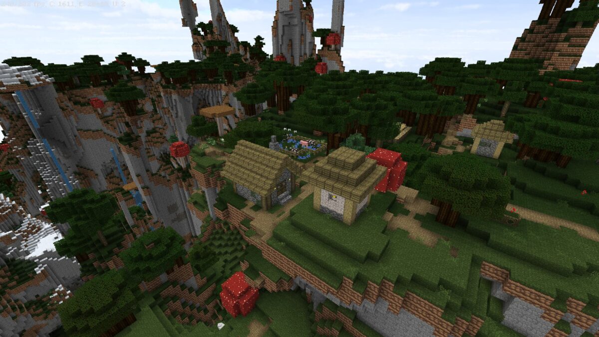 Village suspendu sur un plateau montagneux dans Minecraft, avec maisons en bois, forêts denses et champignons géants, rendu avec le pack Gerudoku Faithful.