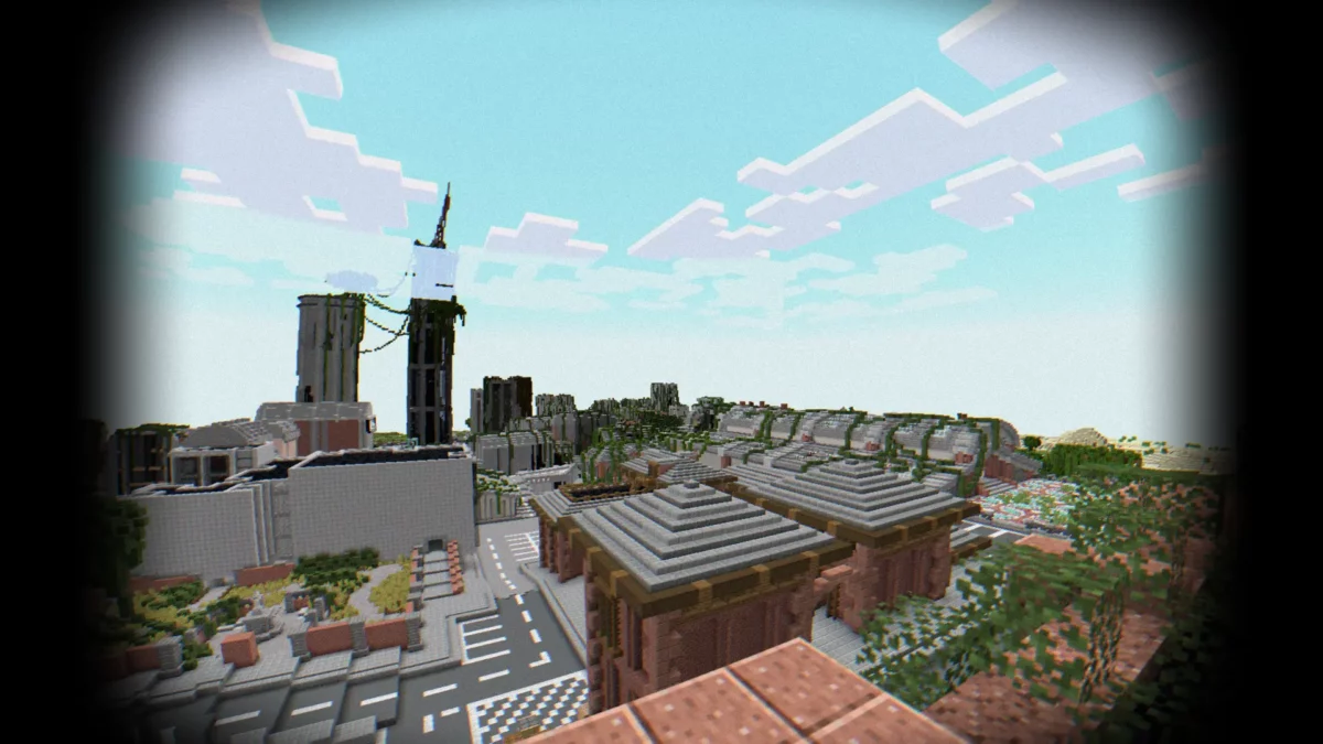 Vue panoramique d’une ville post-apocalyptique dans Minecraft avec rendu lointain étendu grâce à Distant Horizons.