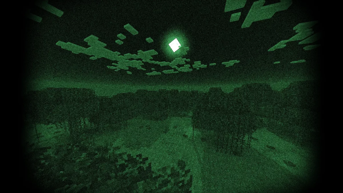 Paysage nocturne vert dans Minecraft avec effet de vision nocturne simulé par le shader Body Camera.