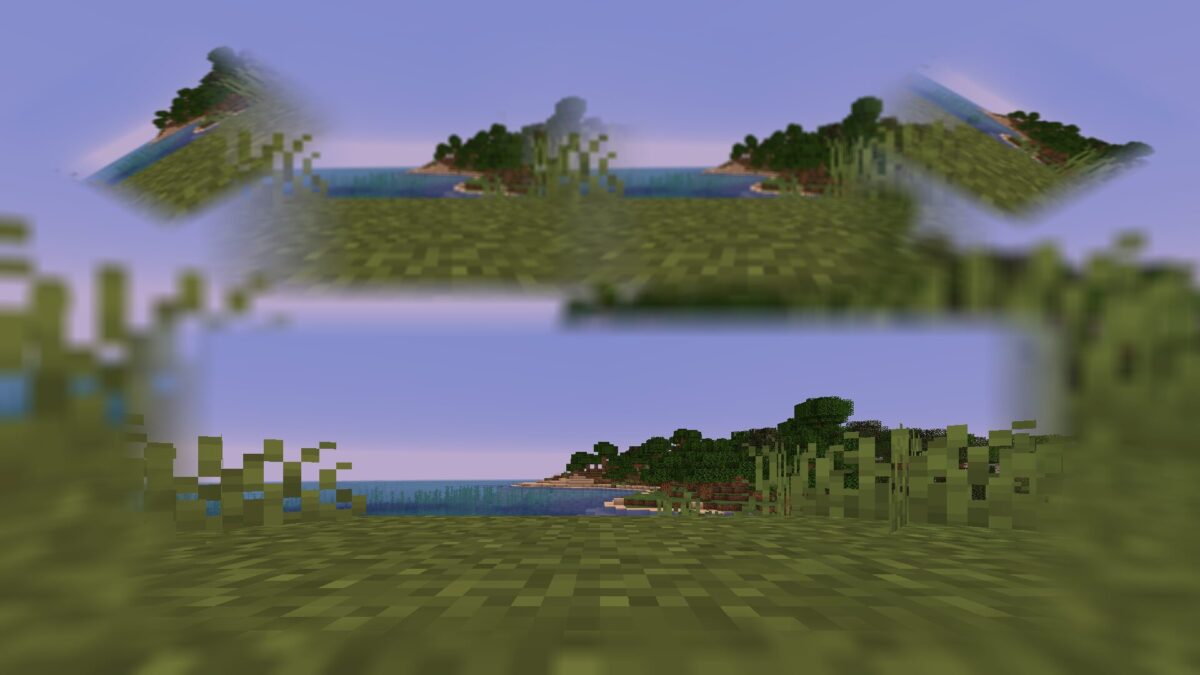 Vision filtrée rougeâtre et basse depuis une araignée bleue en mode spectateur dans Minecraft