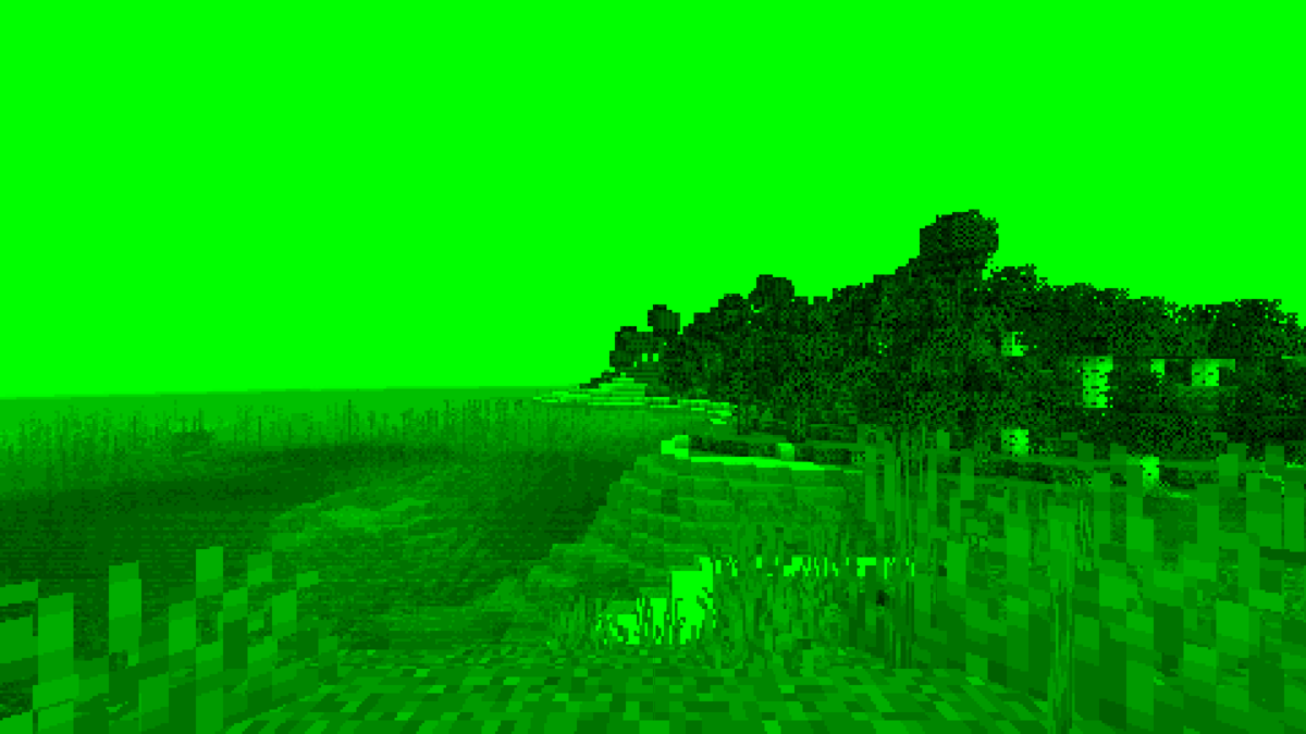 Vue verte pixelisée à travers les yeux d’un creeper en mode spectateur dans Minecraft