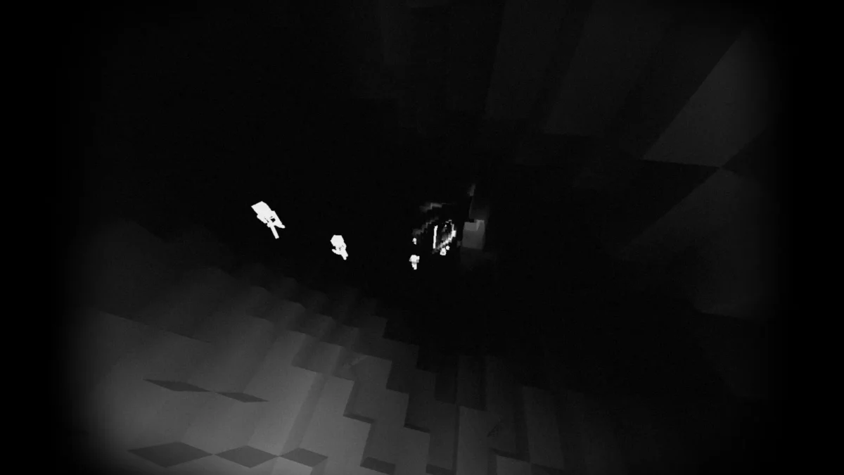 Vision thermique dans Minecraft montrant des créatures brillantes dans l’obscurité avec le shader Body Camera.