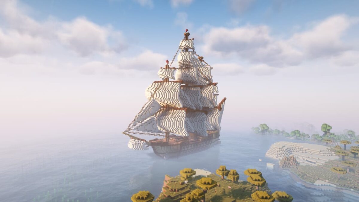 Grand voilier blanc à trois mâts flottant sur l’océan dans Minecraft, structure maritime du mod Seven Seas lié à When Dungeons Arise.