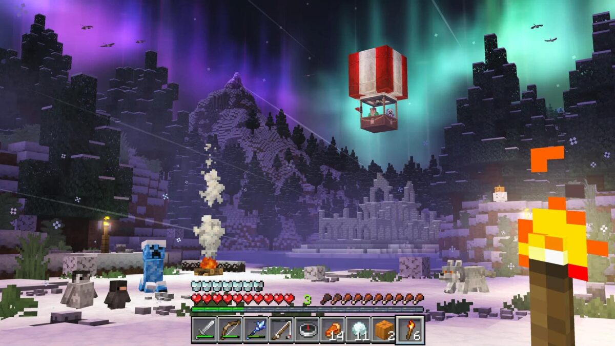 Biome enneigé de RealismCraft avec aurores boréales, montgolfière et créatures arctiques.