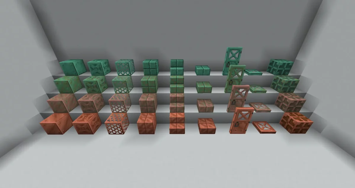 Ensemble complet des blocs en cuivre affectés par l’oxydation dans Minecraft, montrant les quatre stades d’évolution pour chaque variante (bloc plein, taillé, dalle, escalier, grille, trappe...).