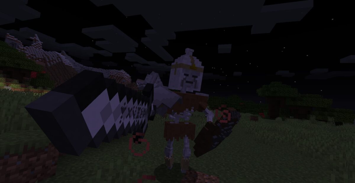 Boss squelette The Old Champion’s Remains dans le modpack Minecraft Fantasy MC Fabric, armé d’une épée et d’un bouclier