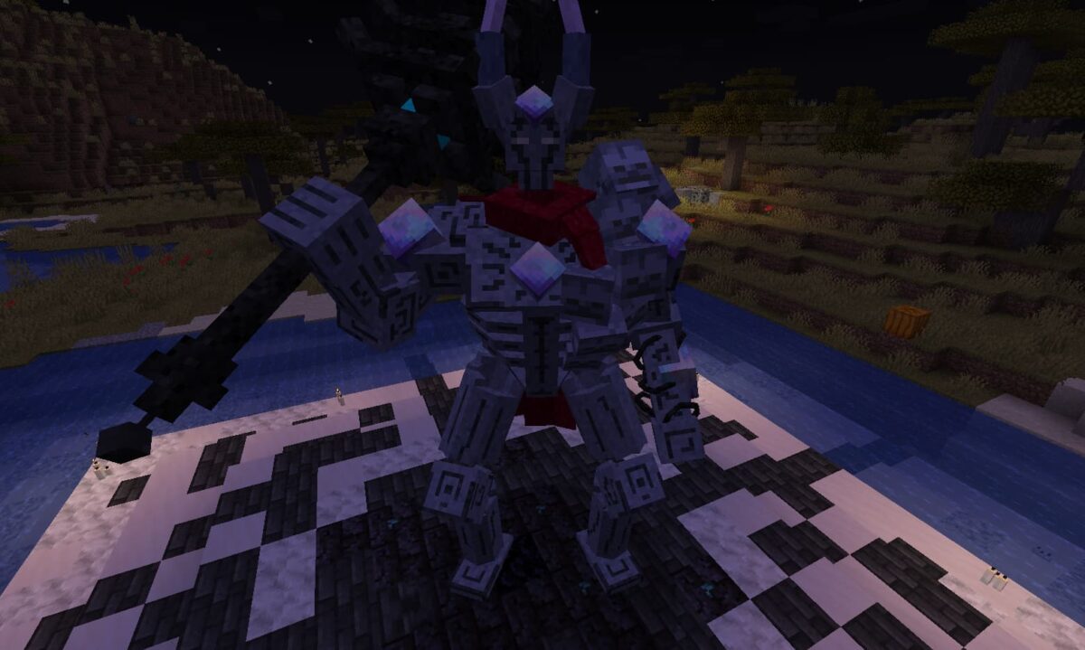 Boss The Returning Knight du modpack Minecraft Fantasy MC Fabric, géant en armure runique maniant la masse Nightfall