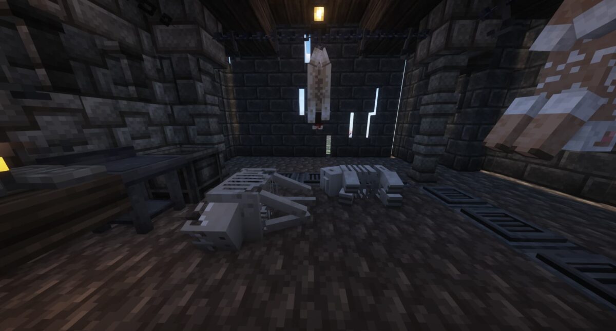 mod Minecraft Butchery – carcasses d’animaux réduites à l’état de squelettes posées au sol