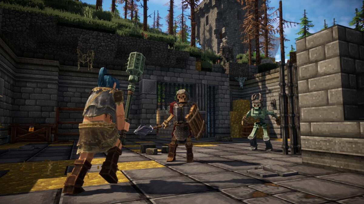 Combat dans un donjon d’Everwind entre un héros et deux guerriers squelettes en armure.