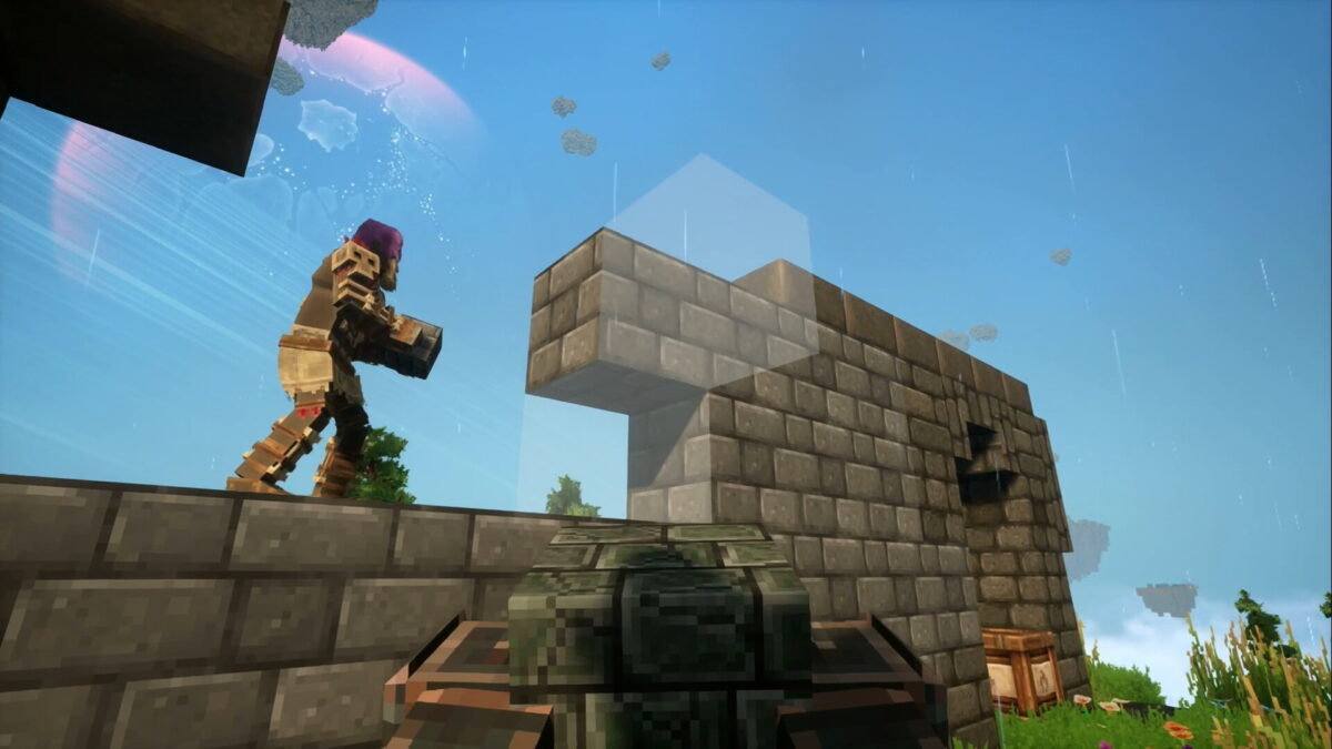 Construction en blocs de pierre dans Everwind, avec un personnage équipé d’une armure artisanale sur un mur.