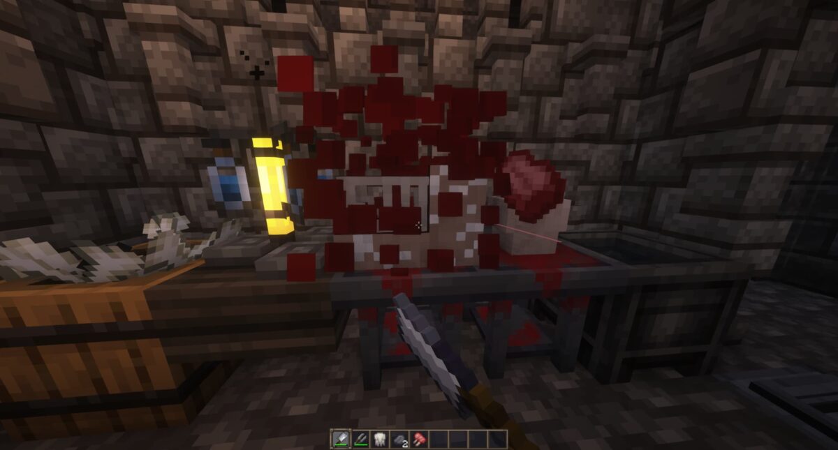 mod Minecraft Butchery – découpe d’une carcasse de chèvre avec morceaux de viande sanglants