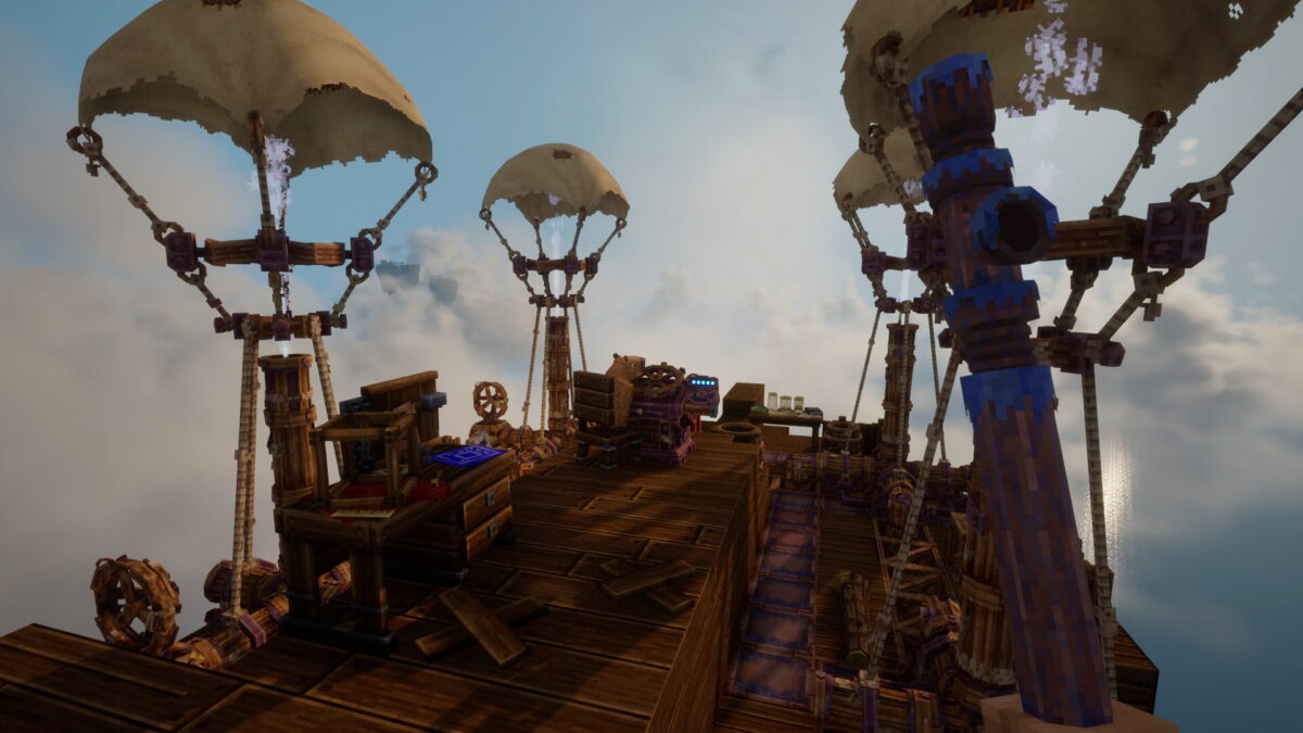 Pont d’un dirigeable steampunk construit par un joueur dans Everwind, flottant au-dessus des nuages.