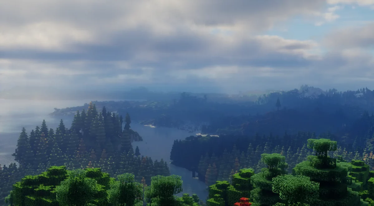 Paysage Minecraft avec le modpack Distant Horizons & Iris Shaders, distance de rendu 128 chunks, shaders Bliss et William Wyther’s Expanded Ecosphere