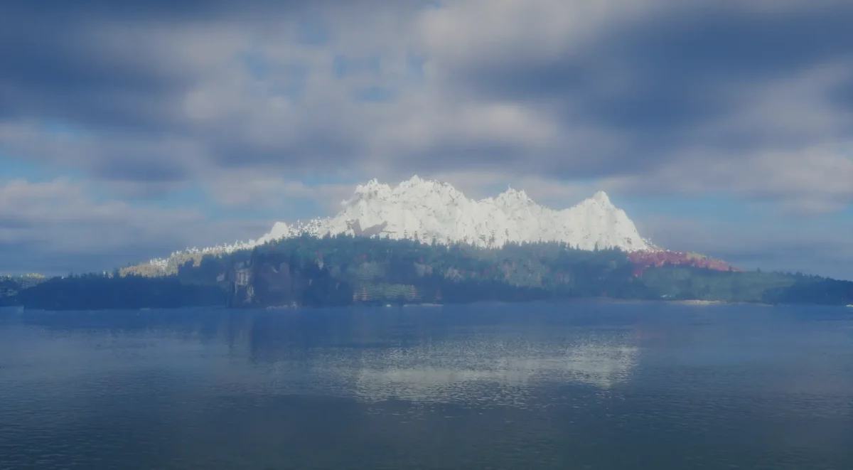 Montagne enneigée et forêt dans Minecraft avec le modpack Distant Horizons & Iris Shaders, distance de rendu 256 chunks, shaders Bliss et William Wyther’s Expanded Ecosphere