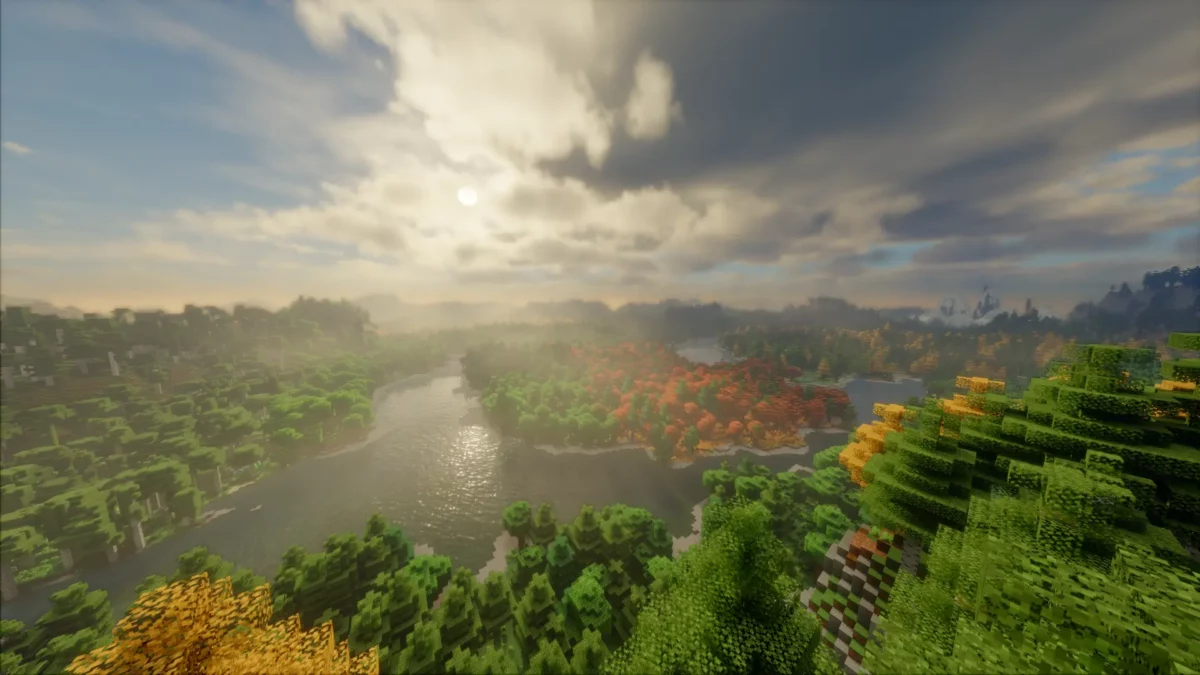 Paysage Minecraft avec le modpack Distant Horizons & Iris Shaders, distance de rendu 312 chunks, shaders Bliss et William Wyther’s Expanded Ecosphere