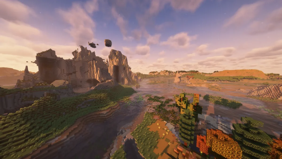 Paysage Minecraft avec le modpack Distant Horizons & Iris Shaders, distance de rendu 312 chunks, shaders Complementary 5.2 et William Wyther’s Expanded Ecosphere