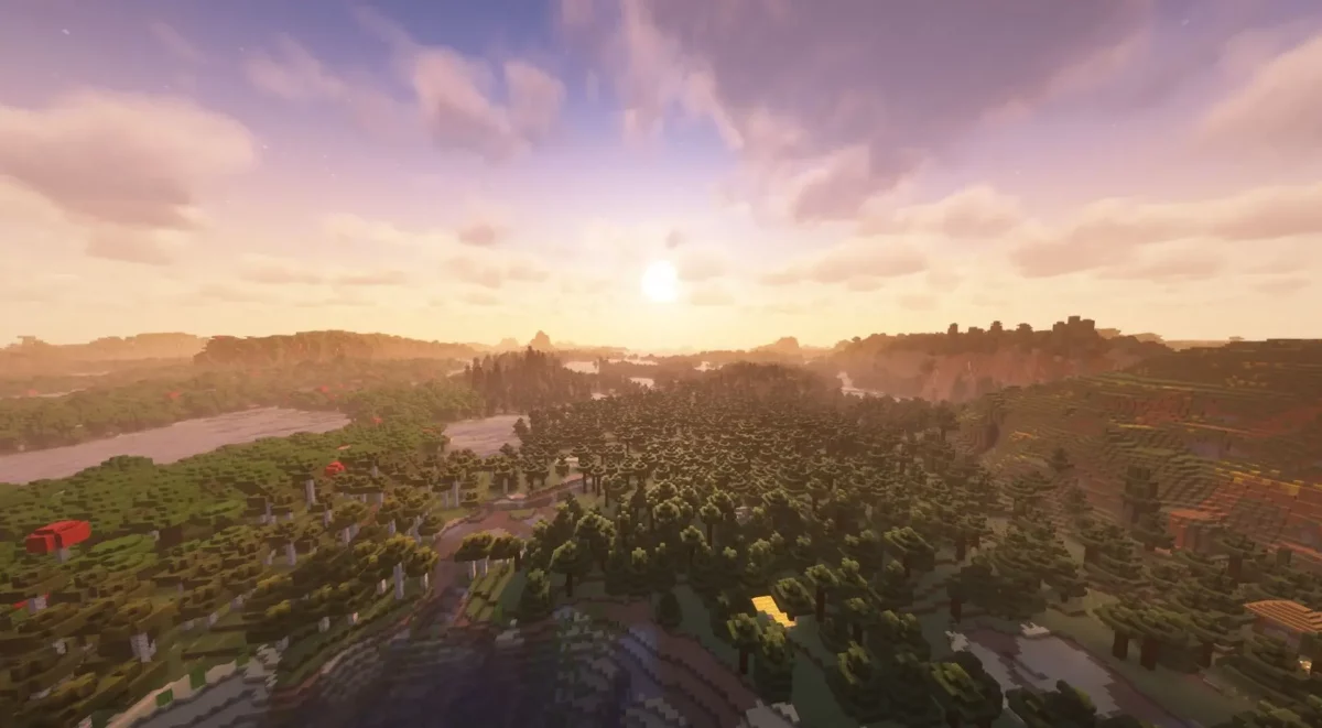 Paysage généré dans Minecraft avec le modpack Distant Horizons & Iris Shaders, distance de rendu 128 chunks et shaders Complementary