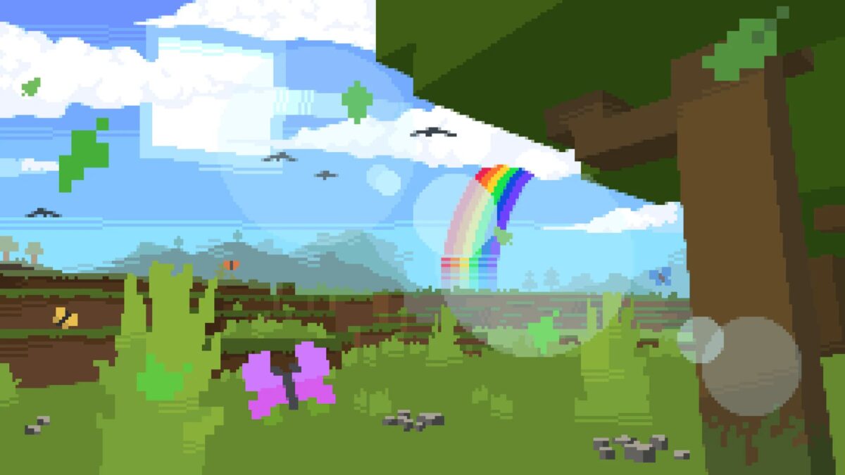 Effets visuels ajoutés par RealismCraft dans Minecraft Bedrock, comme arcs-en-ciel, papillons et lumières dynamiques.