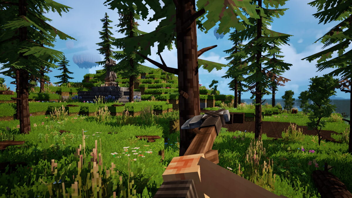 Exploration d’une forêt verdoyante dans Everwind avec une arbalète équipée, face à des ruines anciennes.
