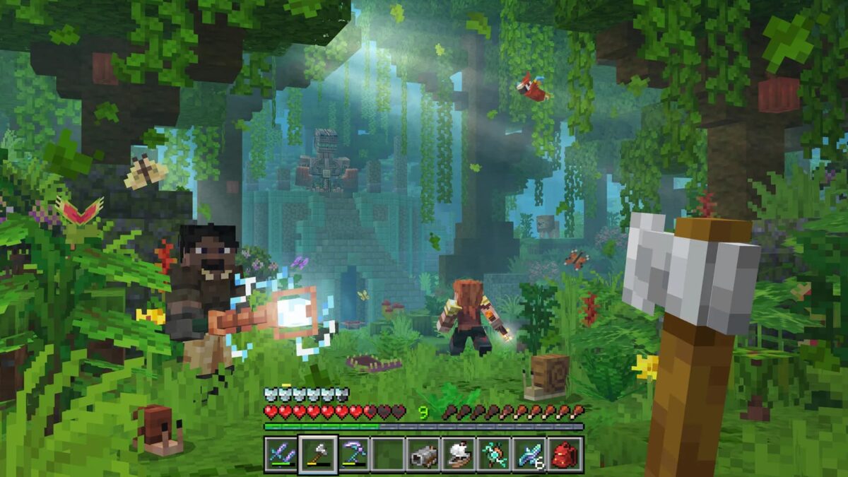Exploration dans une jungle réaliste de RealismCraft, avec ruines anciennes, papillons et effets de lumière.