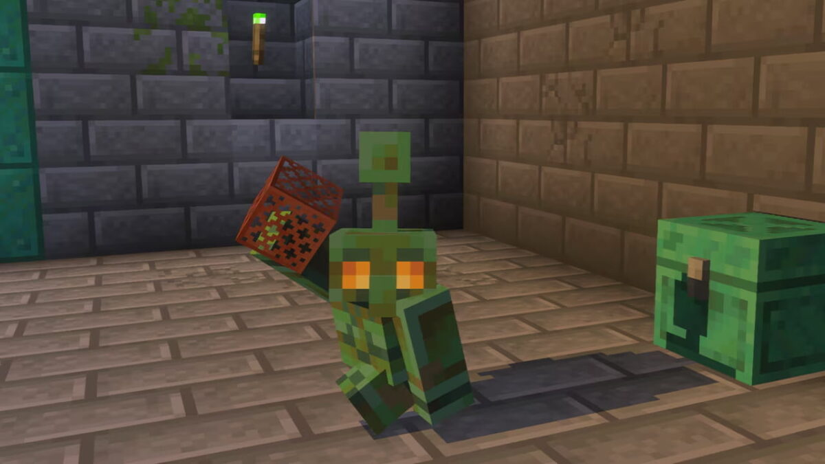 Golem de cuivre tenant une lanterne rouge dans un donjon de Minecraft, aperçu de la mise à jour The Copper Age.