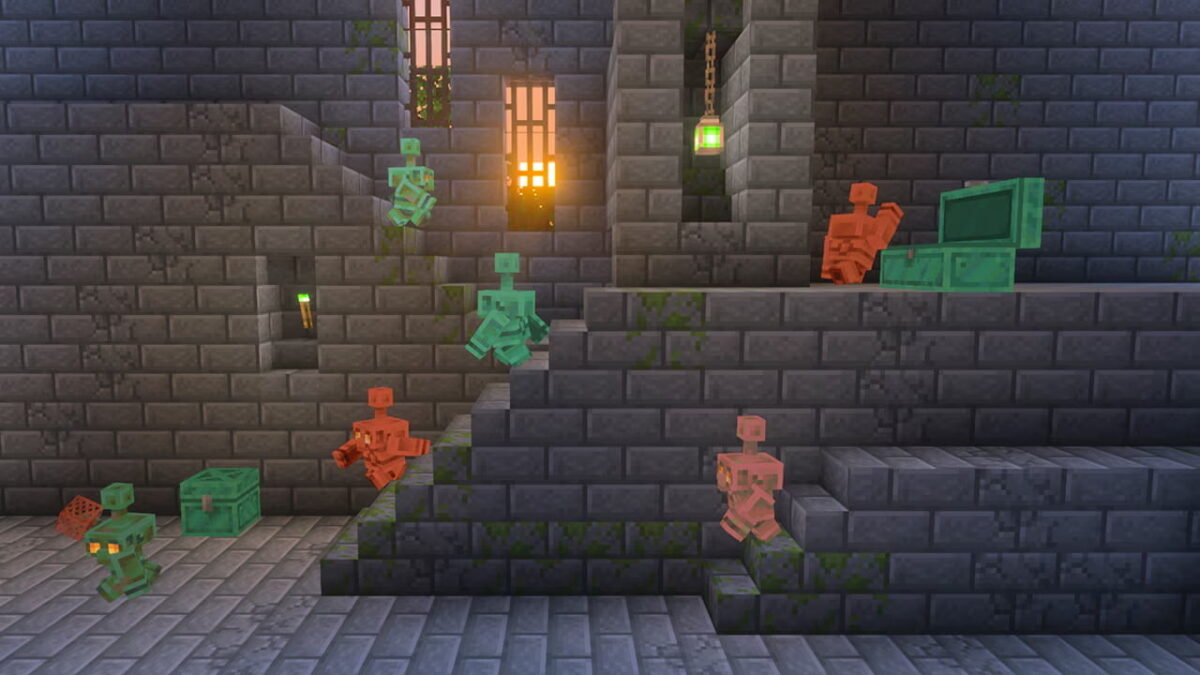 Plusieurs golems de cuivre dans différents états d’oxydation, présents dans une forteresse Minecraft, issus de la mise à jour The Copper Age.