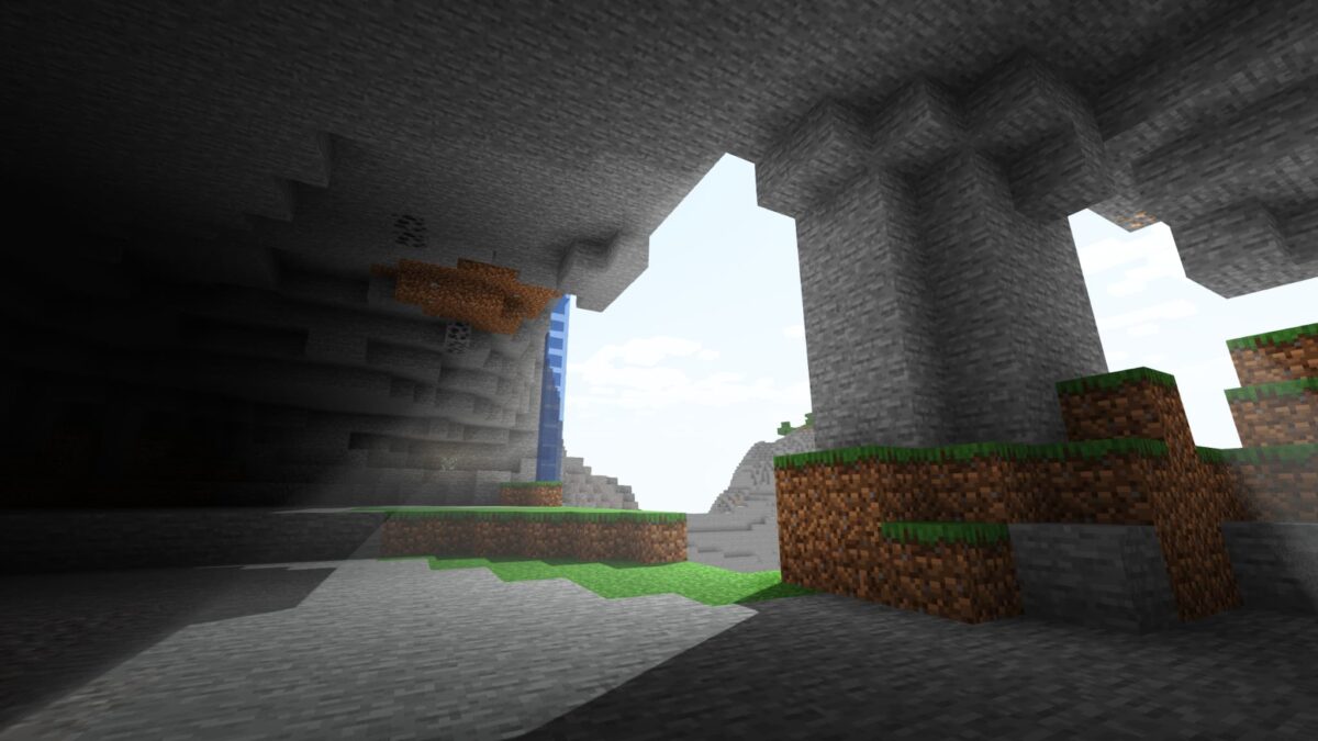 Entrée de grotte dans Minecraft avec faisceaux de lumière volumétrique traversant l’ouverture.
