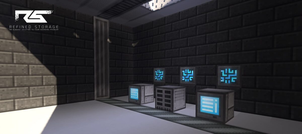 Interface Grid et blocs de stockage du mod Minecraft Refined Storage dans une salle technique.