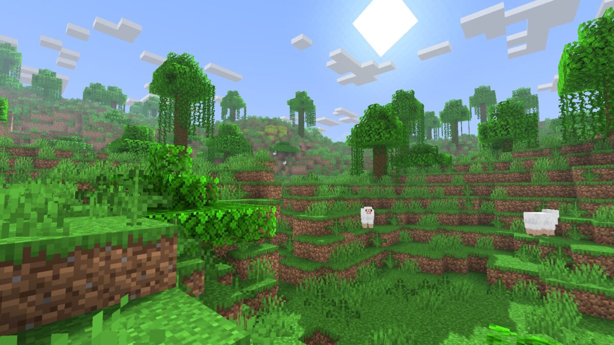Paysage de jungle dans Minecraft avec le shader Just Colored Lighting en mode Normal Preset, affichant des ombres et des couleurs plus vives.