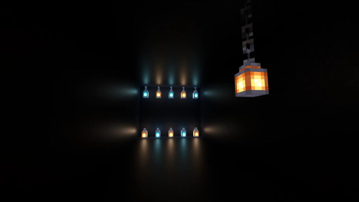 Lanternes suspendues diffusant une lumière colorée réaliste dans Minecraft.