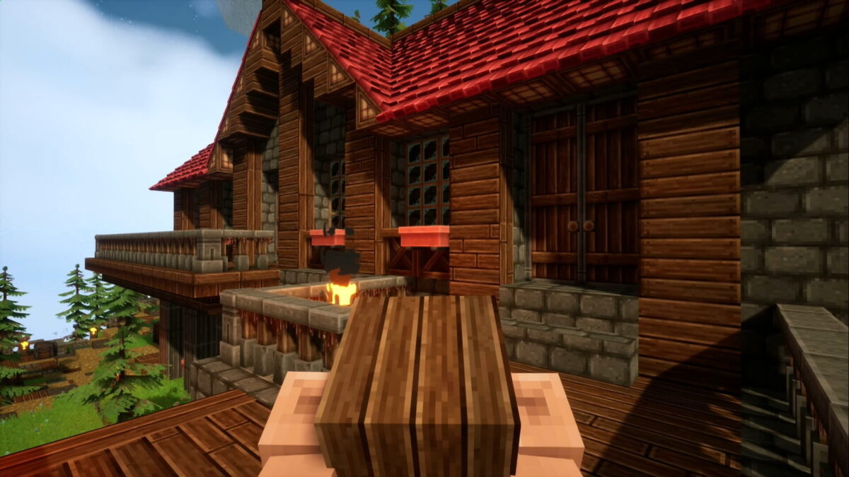 Grande maison en bois et pierre dans Everwind, avec toiture rouge et balcon donnant sur une forêt.
