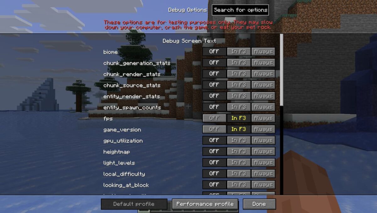 Menu de configuration des options de l’écran de débogage dans Minecraft 1.21.9, avec les choix OFF, In F3 et Always pour chaque élément.