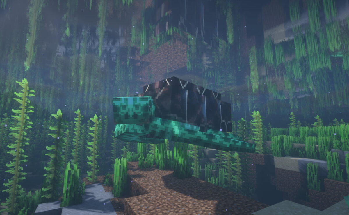Archelon dans le mod Mythic Mounts pour Minecraft, tortue géante pacifique des océans tièdes profonds.
