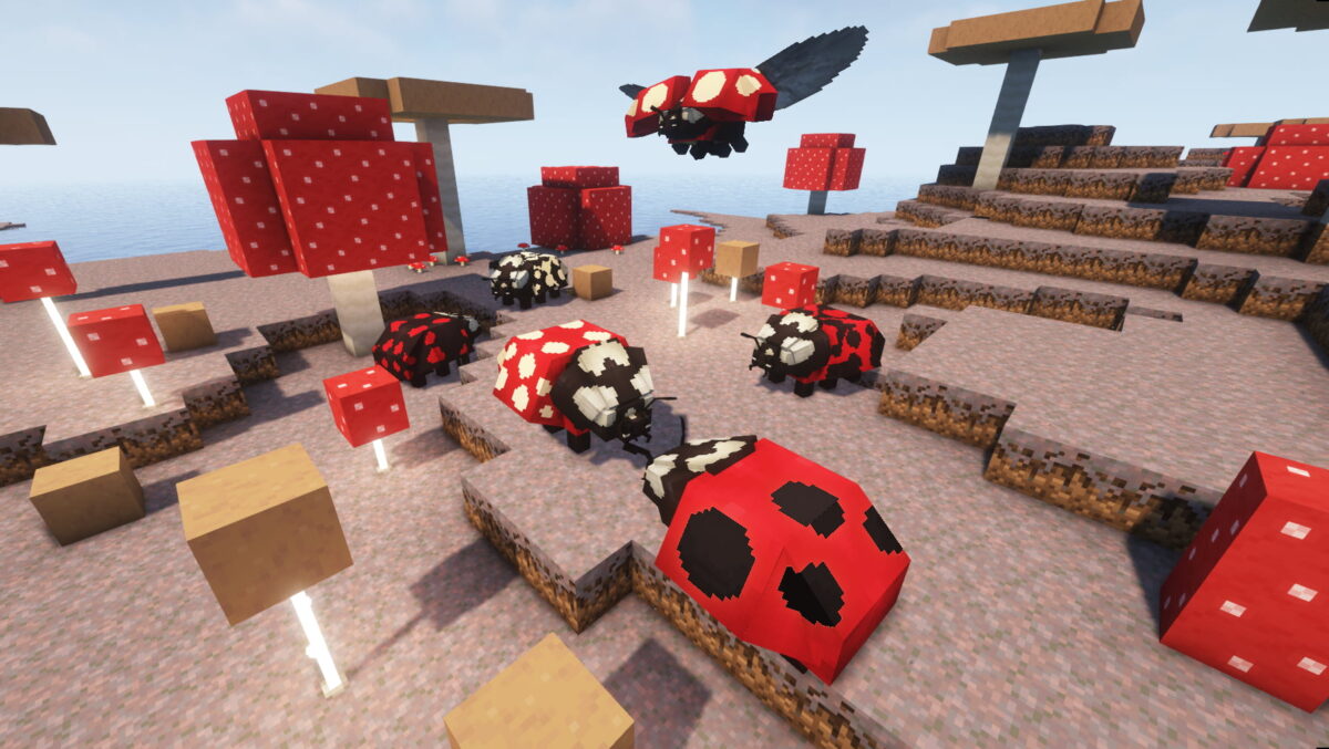 Colelytras dans le mod Mythic Mounts pour Minecraft, insectes géants pacifiques vivant dans les champs de champignons.
