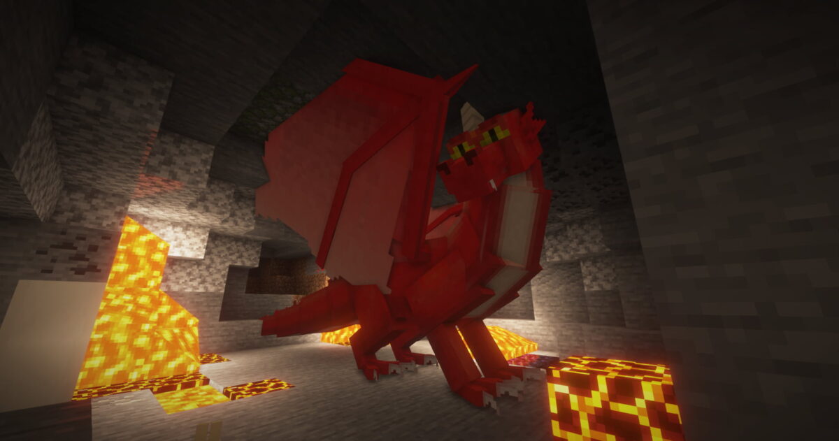 Dragon rouge dans le mod Mythic Mounts pour Minecraft, trouvé dans les grandes cavernes profondes.