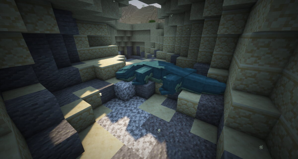 Geckotoa Lizard dans le mod Mythic Mounts pour Minecraft, grand lézard omnivore trouvé dans les cavernes proches de la surface.